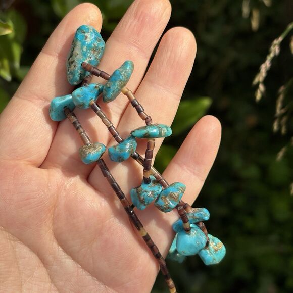 Vintage Turquoise Nugget and Heishi Beaded Necklace Sterling Silver Clasp 28” - Picture 6 of 8